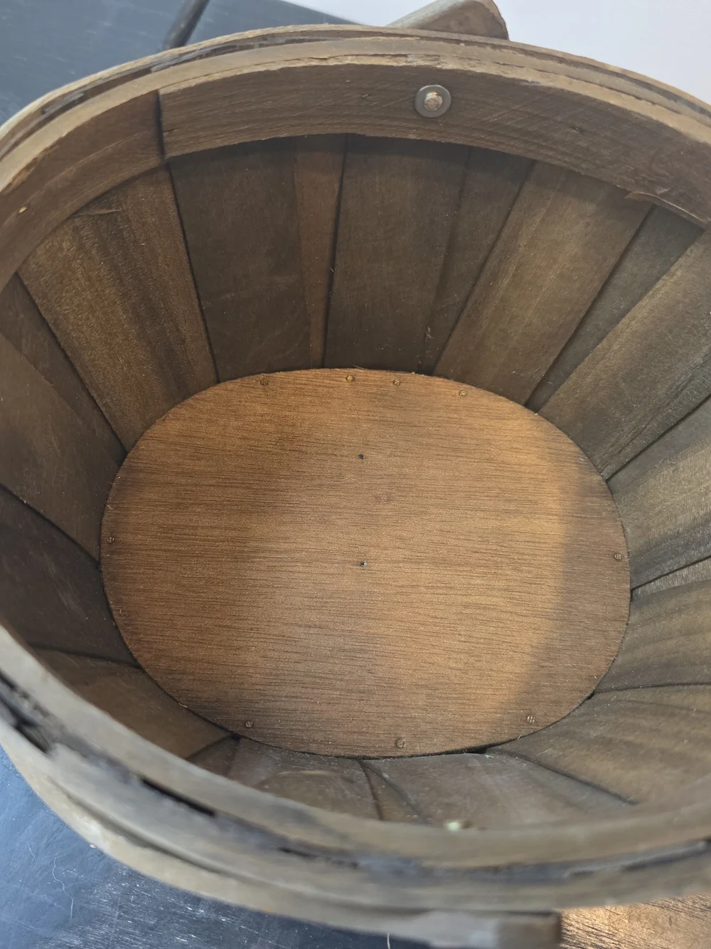 Vintage handcrafted slatted Wood Berry basket Rare, Hand Nailed, Rivet Handle
